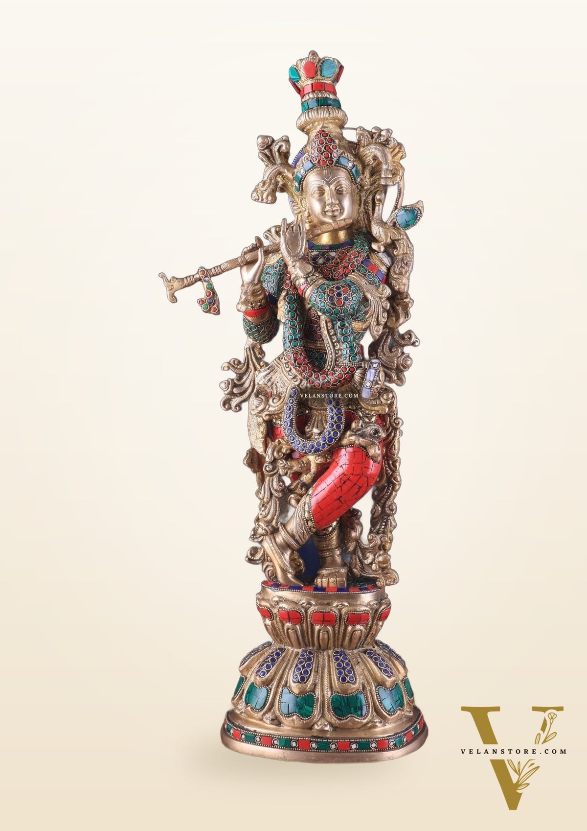 Divine brass Krishna Statue with stonework 25 inch