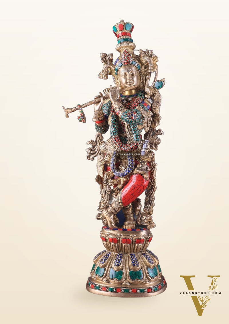 Divine brass Krishna Statue with stonework 25 inch