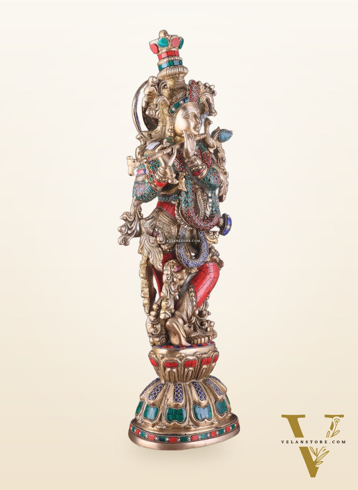 Divine brass Krishna Statue with stonework 25 inch