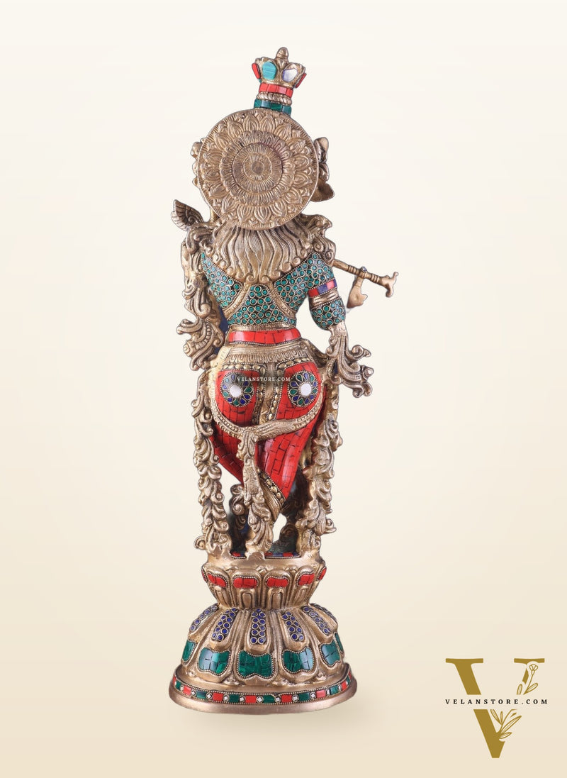 Divine brass Krishna Statue with stonework 25 inch