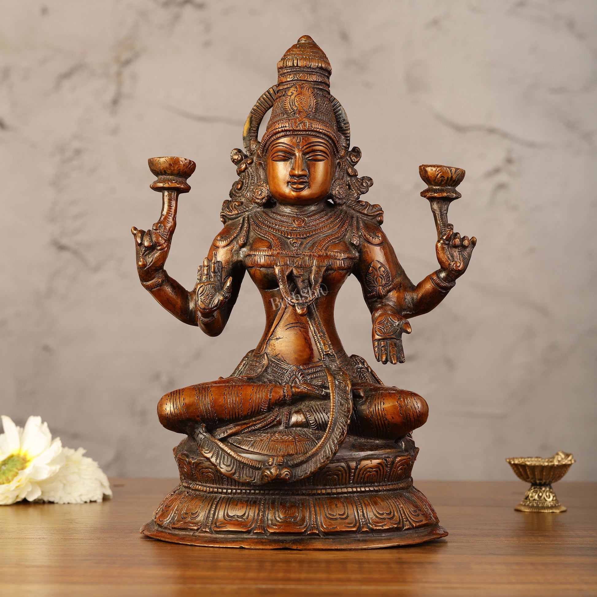 Divine Brass Lakshmi Idol - 11" Height | Antique Bronze Touch