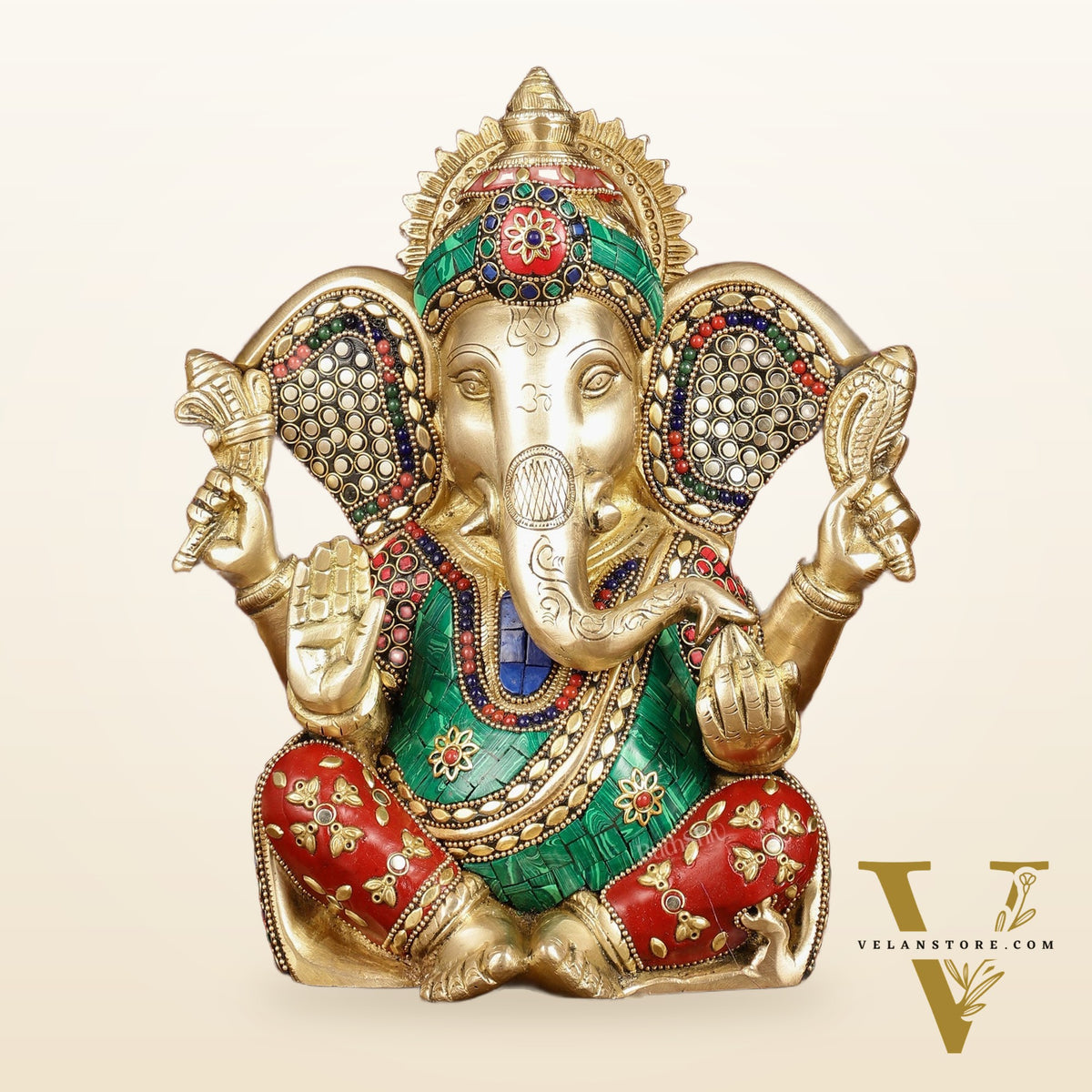 Divine Brass Lord Ganesha Statue with Meenakari Stonework and Big Ears - 10"
