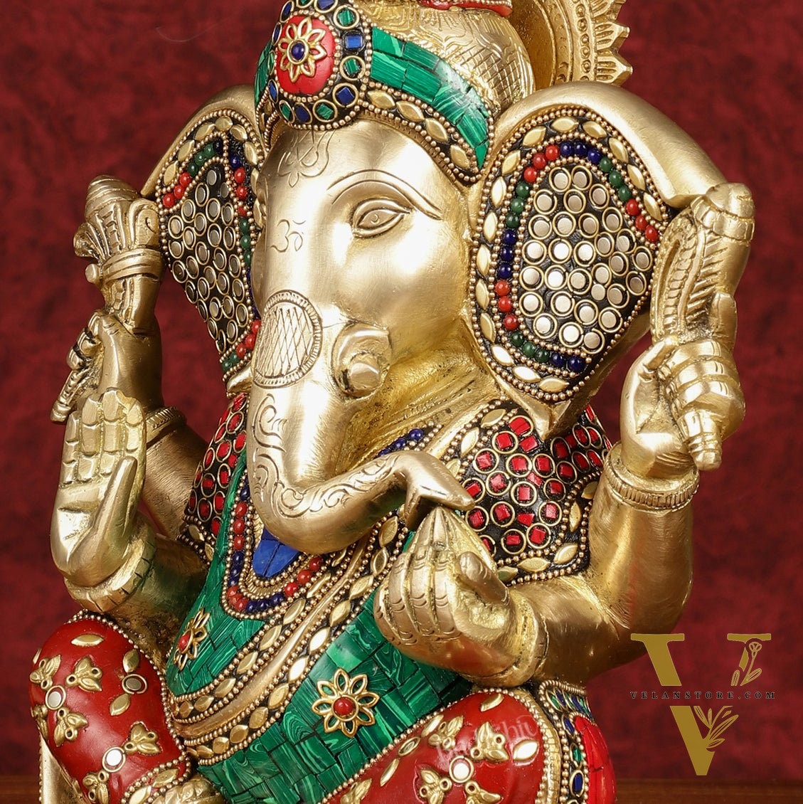 Divine Brass Lord Ganesha Statue with Meenakari Stonework and Big Ears - 10"