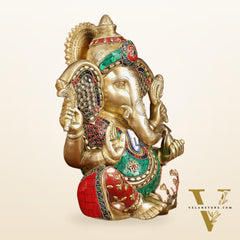 Divine Brass Lord Ganesha Statue with Meenakari Stonework and Big Ears - 10"