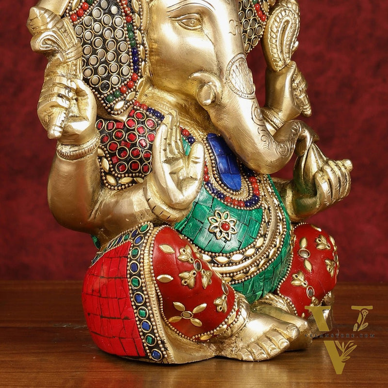 Divine Brass Lord Ganesha Statue with Meenakari Stonework and Big Ears - 10"
