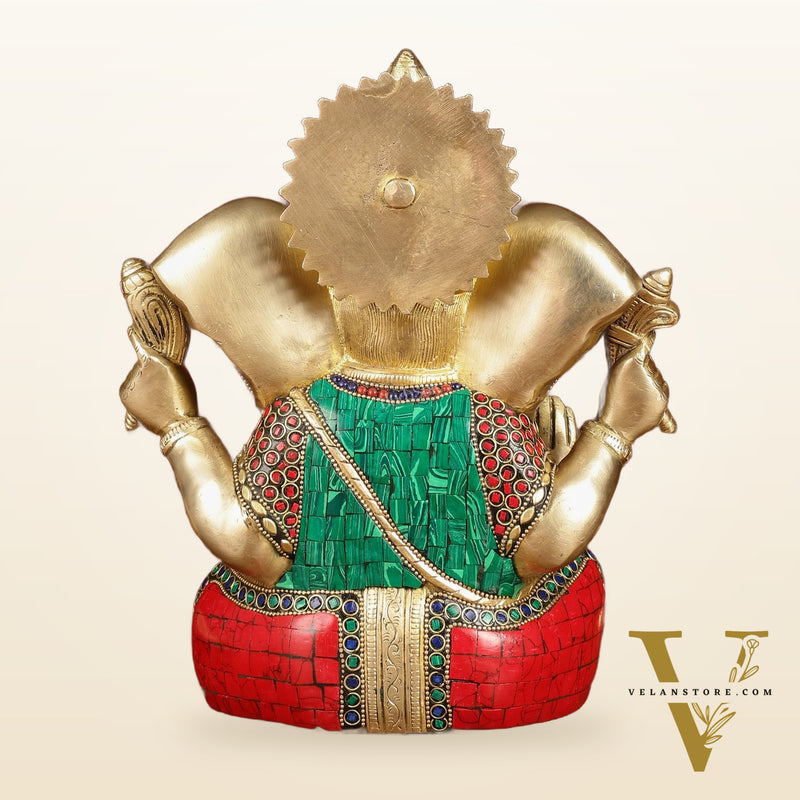 Divine Brass Lord Ganesha Statue with Meenakari Stonework and Big Ears - 10"