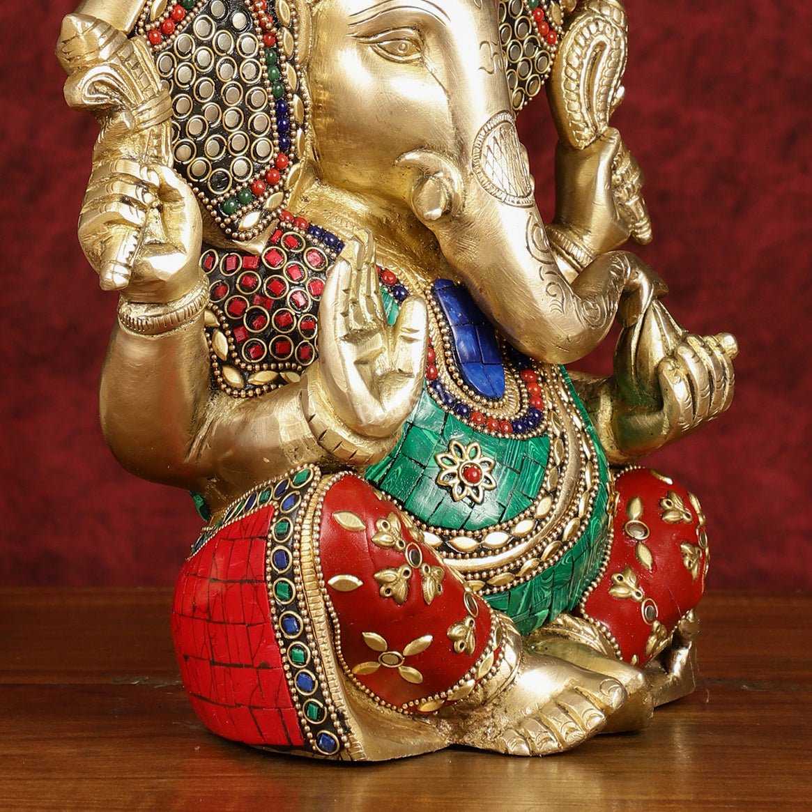 Divine Brass Lord Ganesha Statue with Meenakari Stonework and Big Ears - 10"