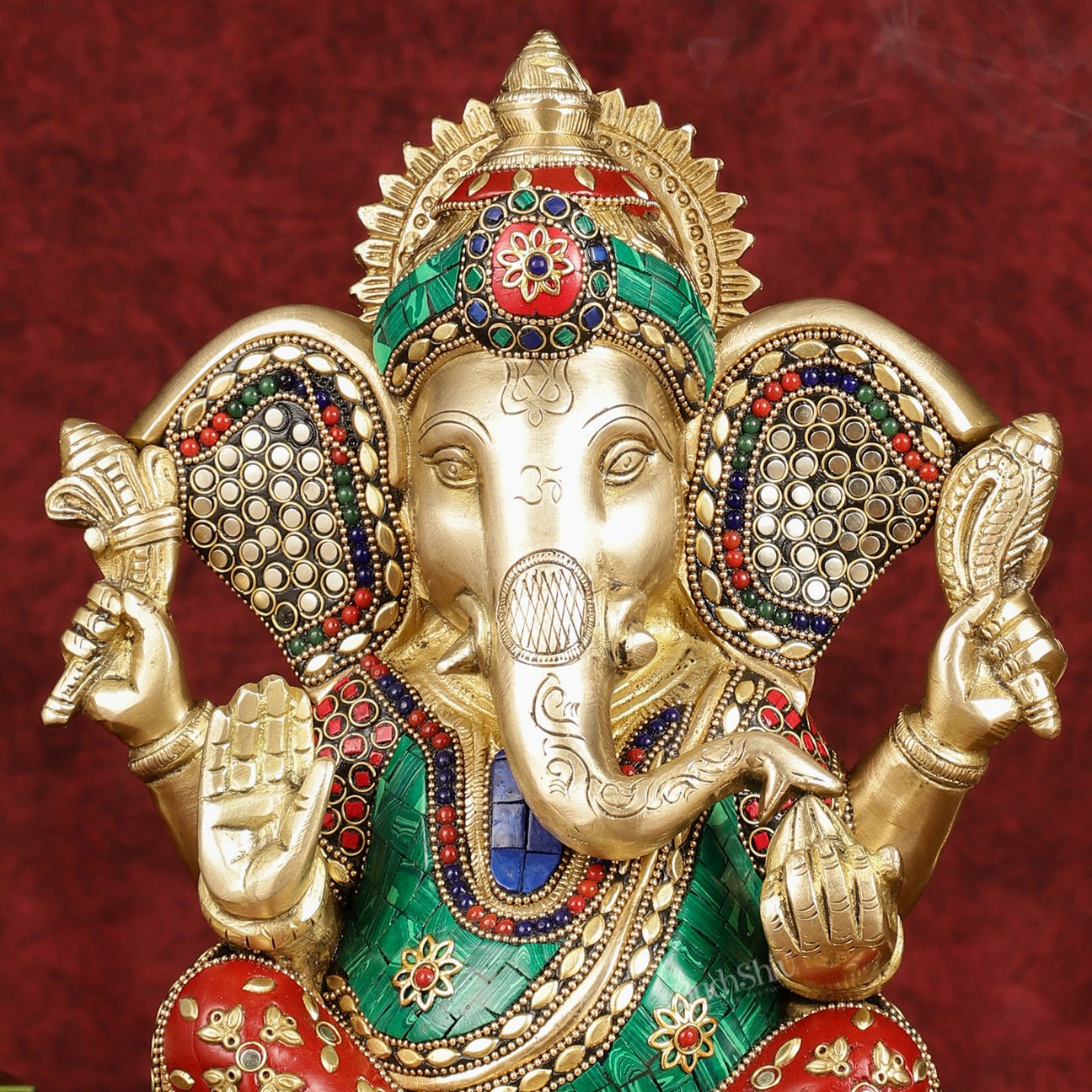 Divine Brass Lord Ganesha Statue with Meenakari Stonework and Big Ears - 10"