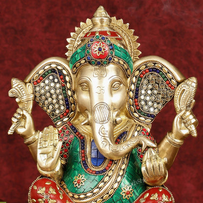 Divine Brass Lord Ganesha Statue with Meenakari Stonework and Big Ears - 10"