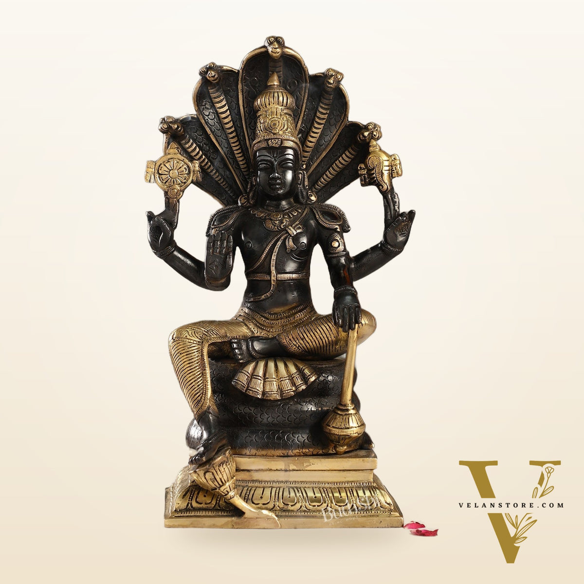 Divine Brass Lord Vishnu Idol with Sheshnaaga - 14 Inch Black and Gold Finish