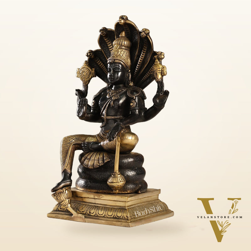 Divine Brass Lord Vishnu Idol with Sheshnaaga - 14 Inch Black and Gold Finish