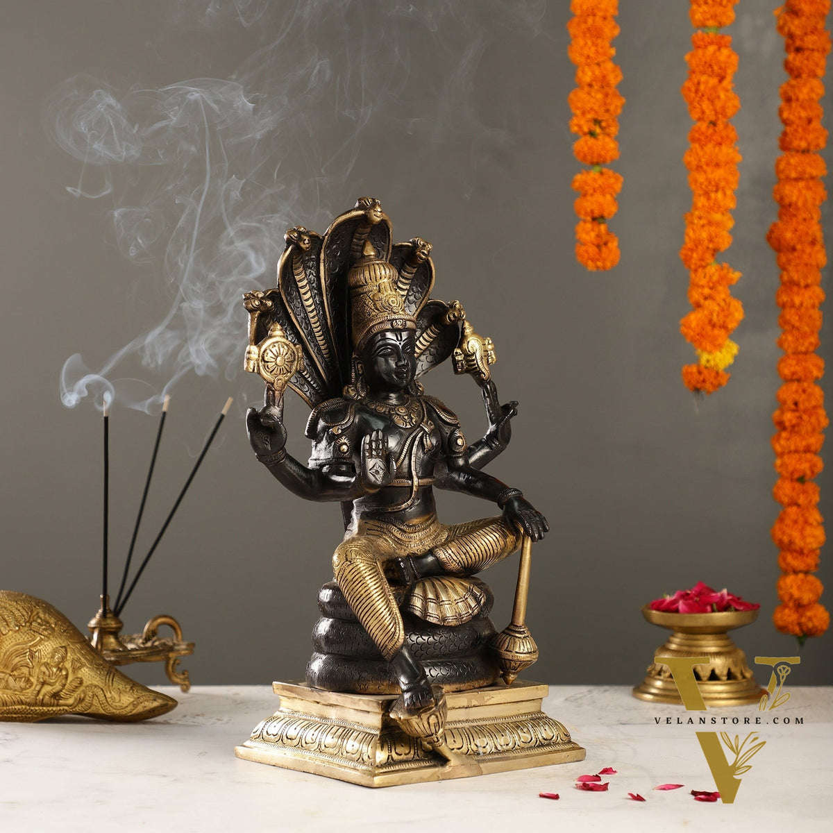 Divine Brass Lord Vishnu Idol with Sheshnaaga - 14 Inch Black and Gold Finish