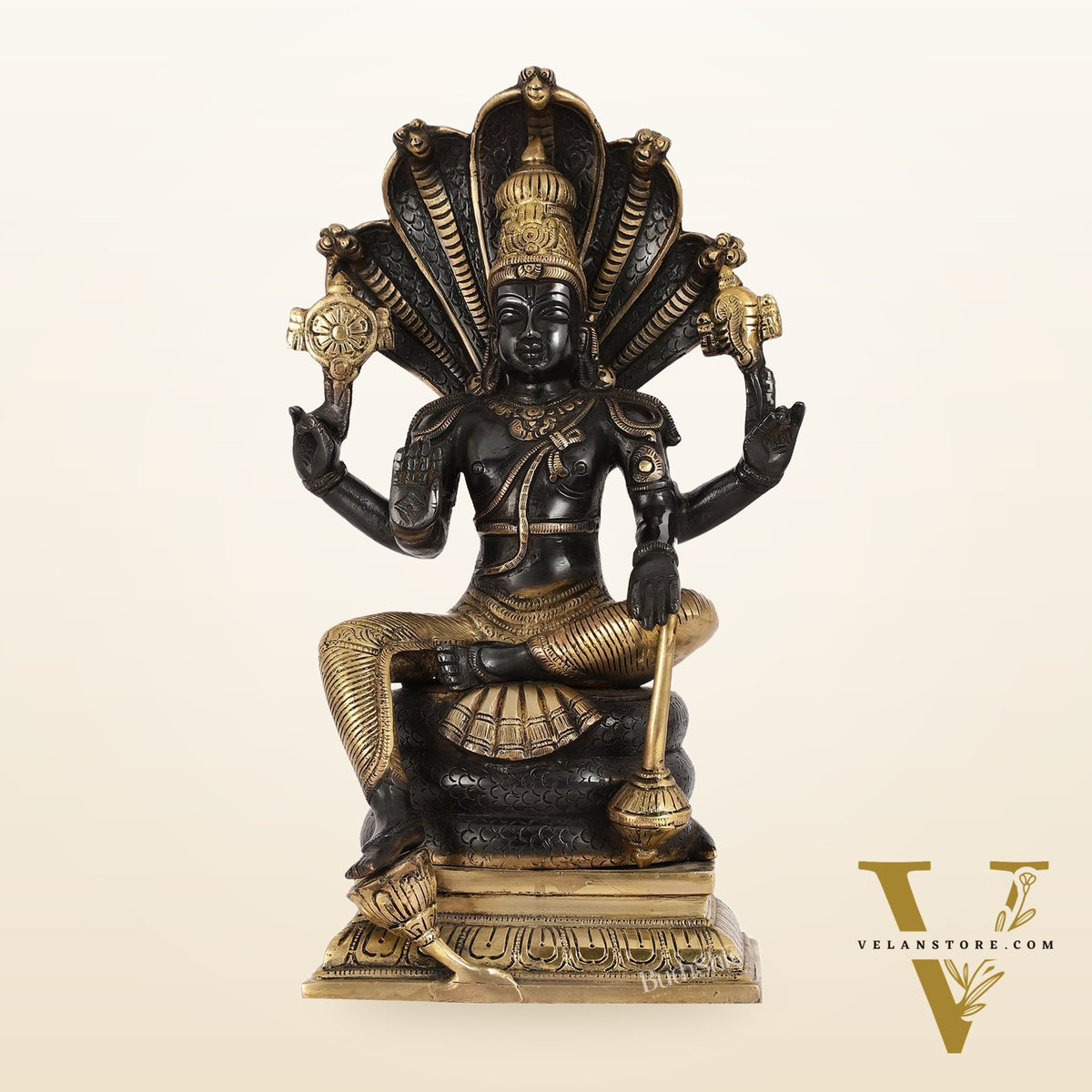 Divine Brass Lord Vishnu Idol with Sheshnaaga - 14 Inch Black and Gold Finish