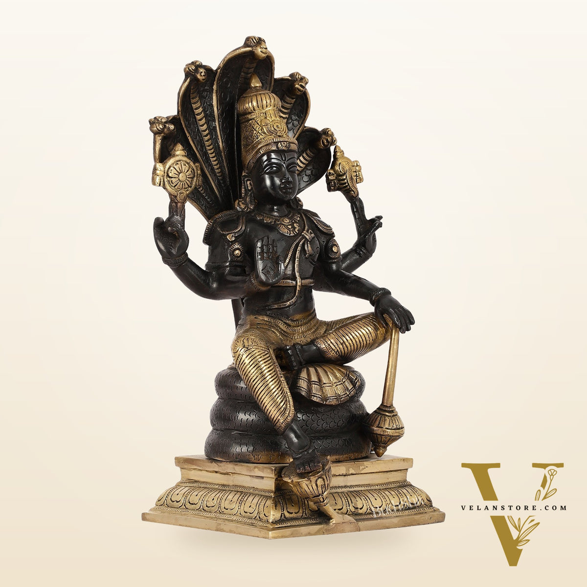 Divine Brass Lord Vishnu Idol with Sheshnaaga - 14 Inch Black and Gold Finish