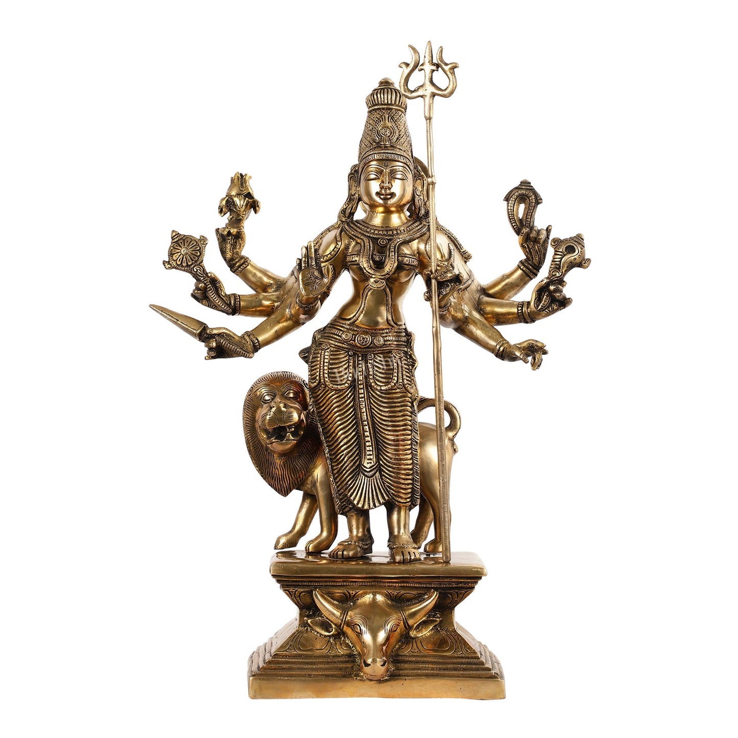 Standing Durga Brass idol with 8 arms and lion 18 inch