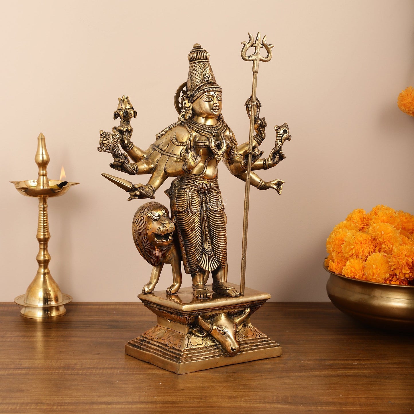 Standing Durga Brass idol with 8 arms and lion 18 inch