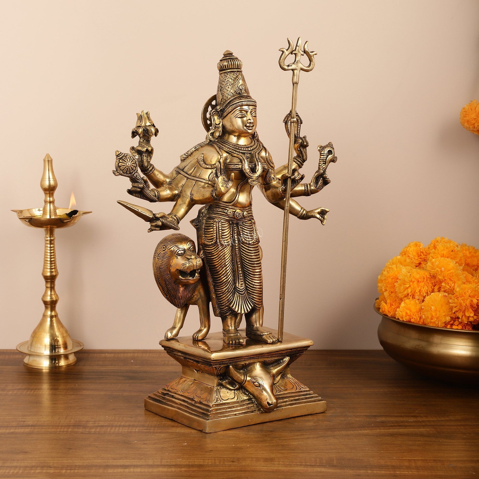 Standing Durga Brass idol with 8 arms and lion 18 inch