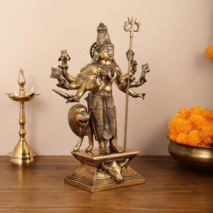 Standing Durga Brass idol with 8 arms and lion 18 inch