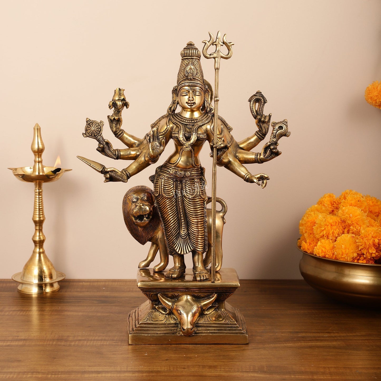Standing Durga Brass idol with 8 arms and lion 18 inch