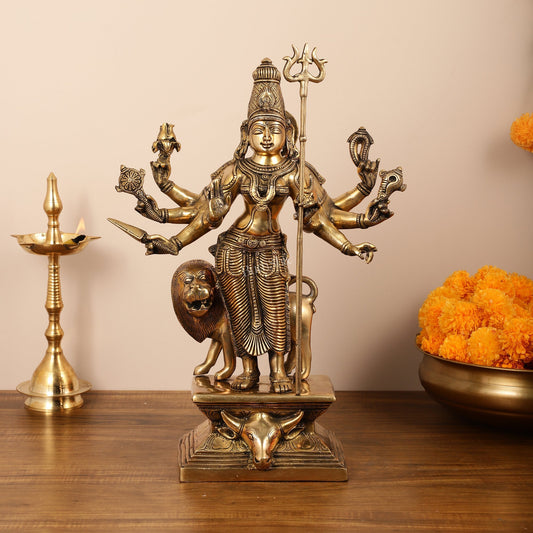 Standing Durga Brass idol with 8 arms and lion 18 inch