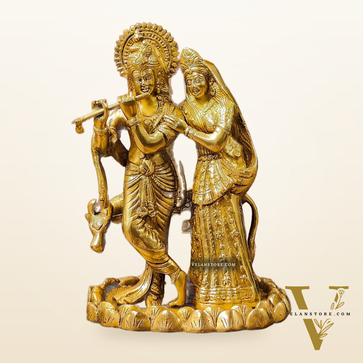 Divine Brass Radha Krishna with Cow Idol 10"
