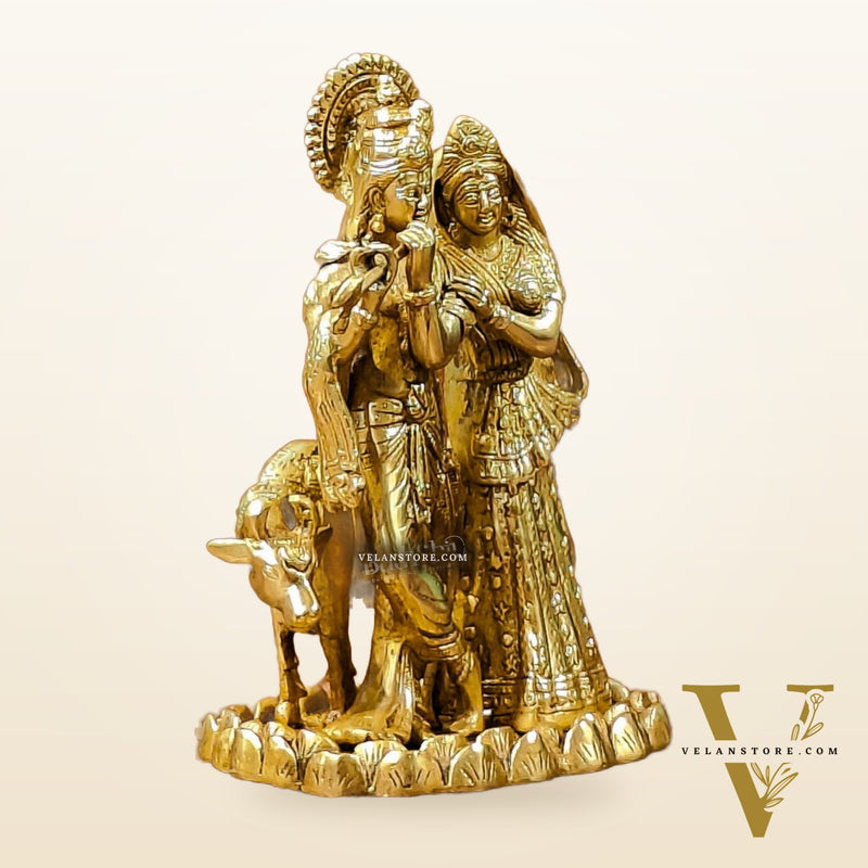 Divine Brass Radha Krishna with Cow Idol 10"