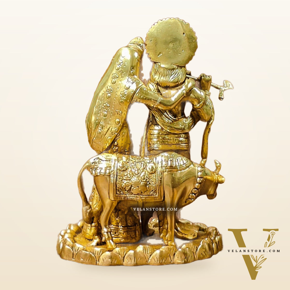 Divine Brass Radha Krishna with Cow Idol 10"