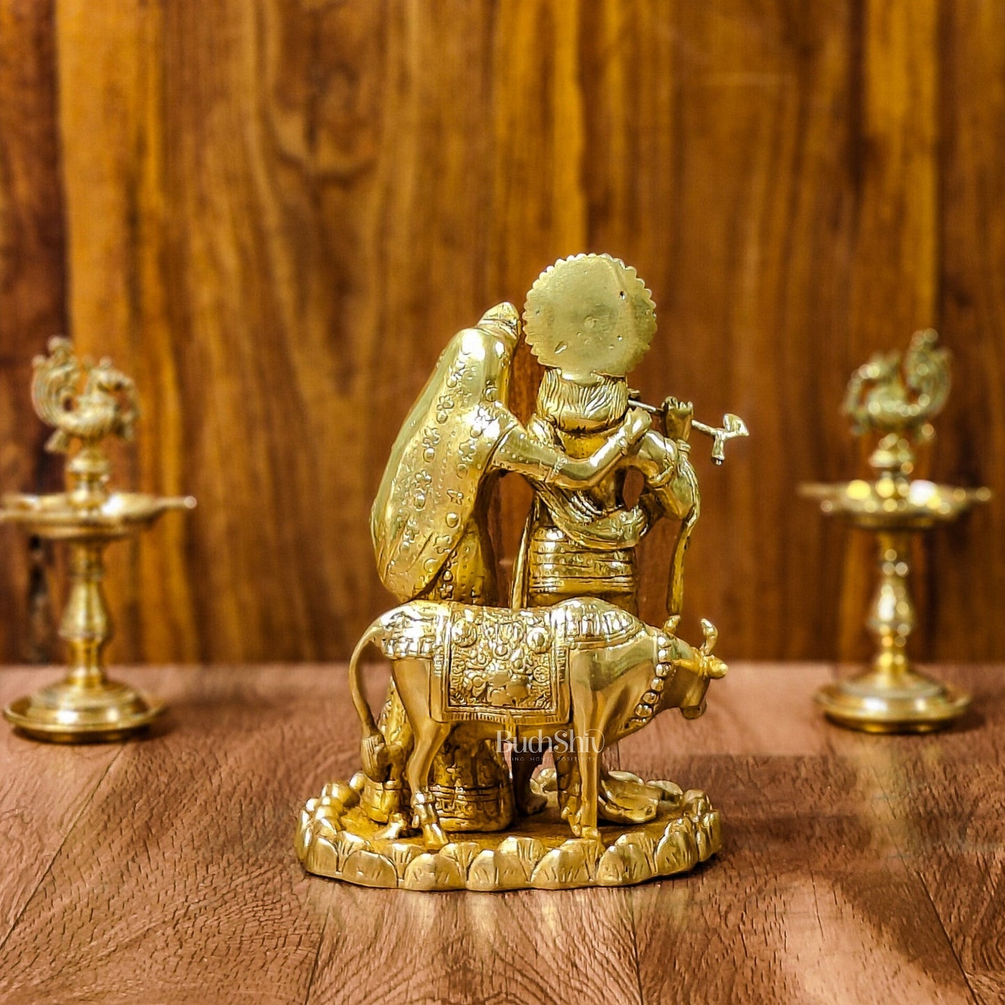 Divine Brass Radha Krishna with Cow Idol 10"