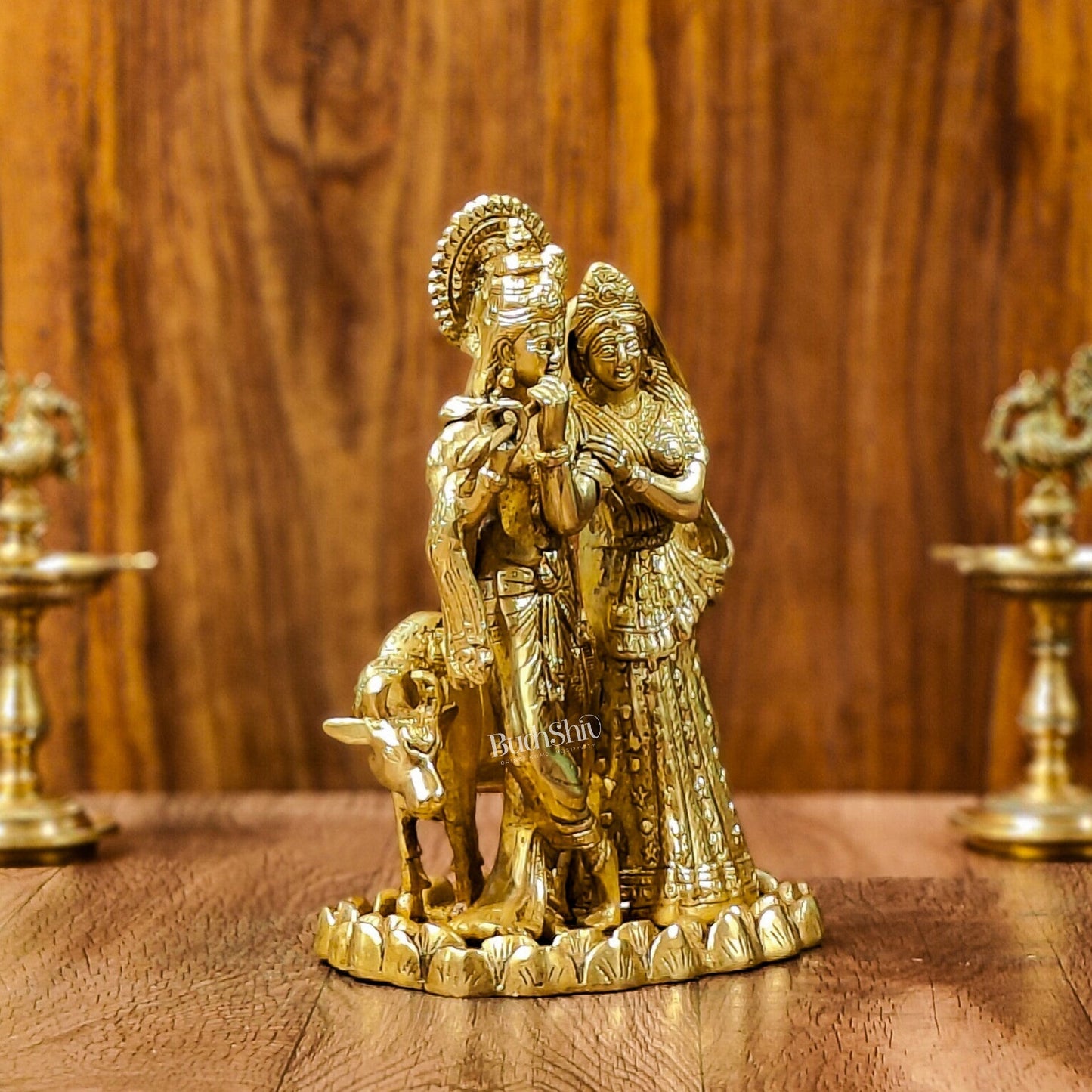 Divine Brass Radha Krishna with Cow Idol 10"