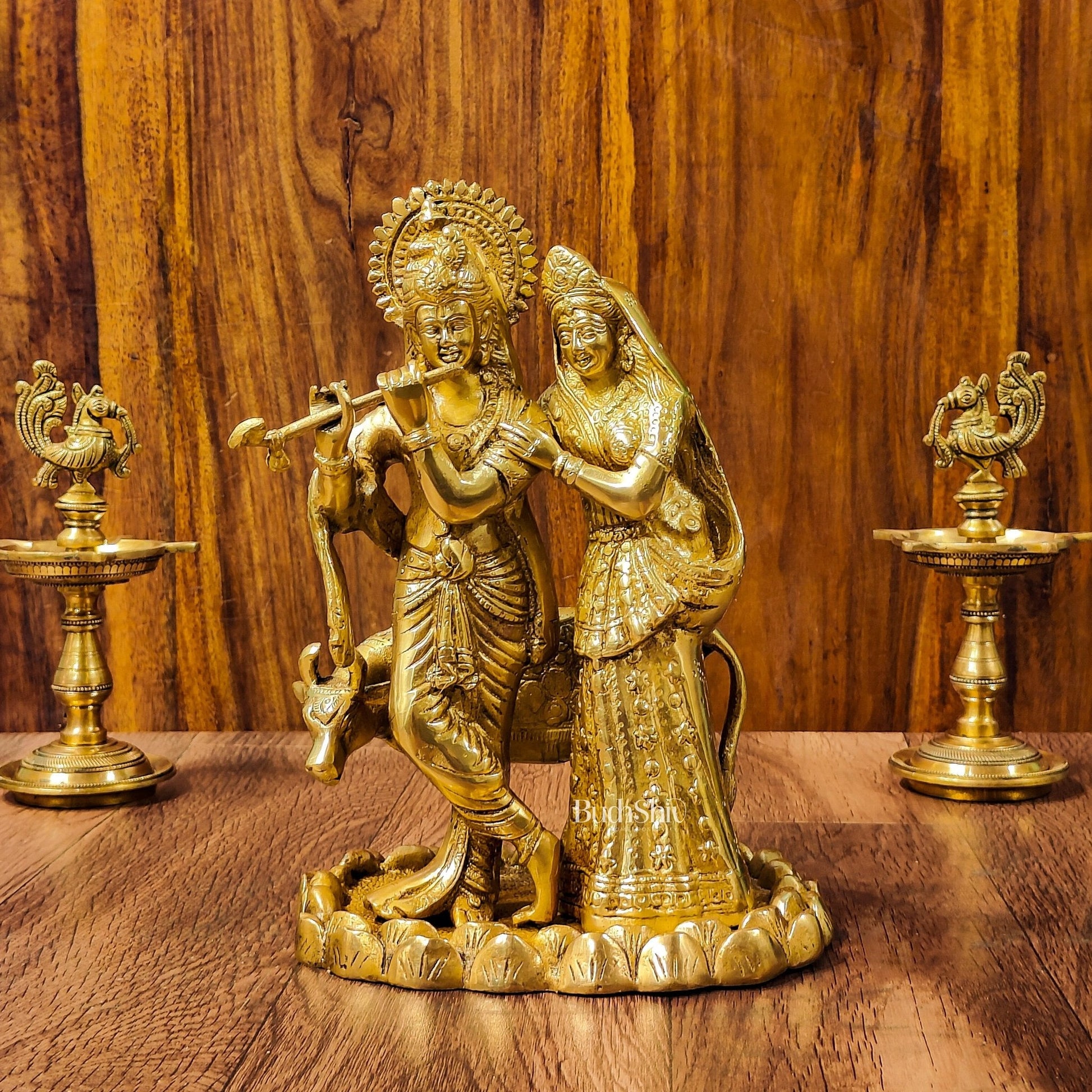 Divine Brass Radha Krishna with Cow Idol 10"