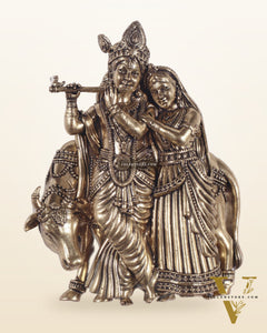 Divine brass Radha Krishna with Cow Wall Hanging – Small & Lightweight, 4 Inch
