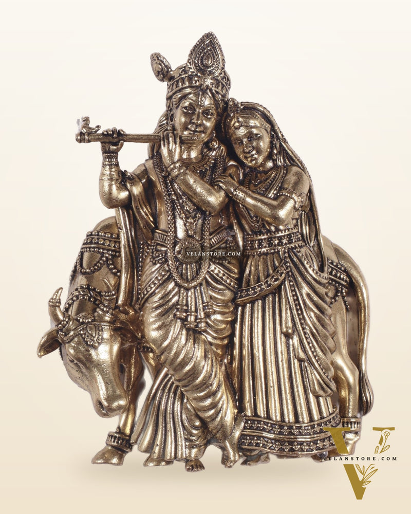 Divine brass Radha Krishna with Cow Wall Hanging – Small & Lightweight, 4 Inch