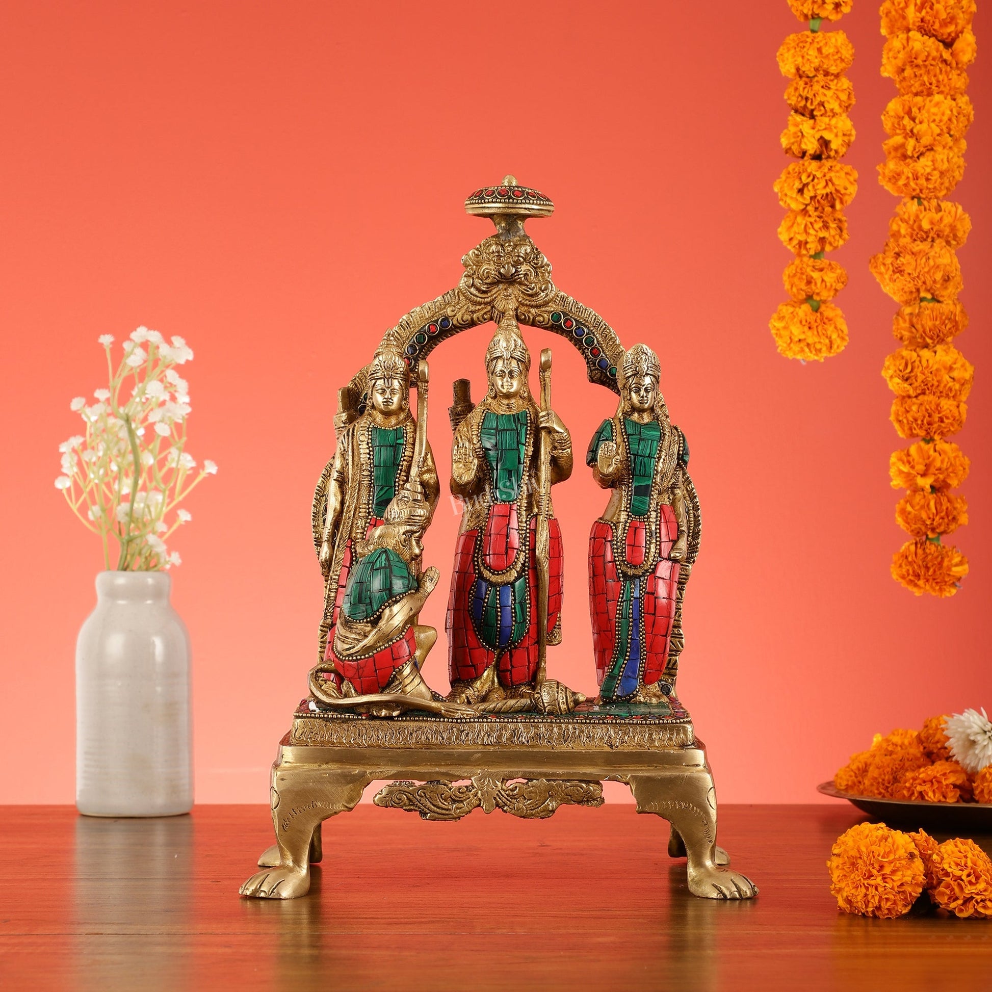 Divine Brass Ram Darbar with Natural Stone Dressing - 13.5 Inches