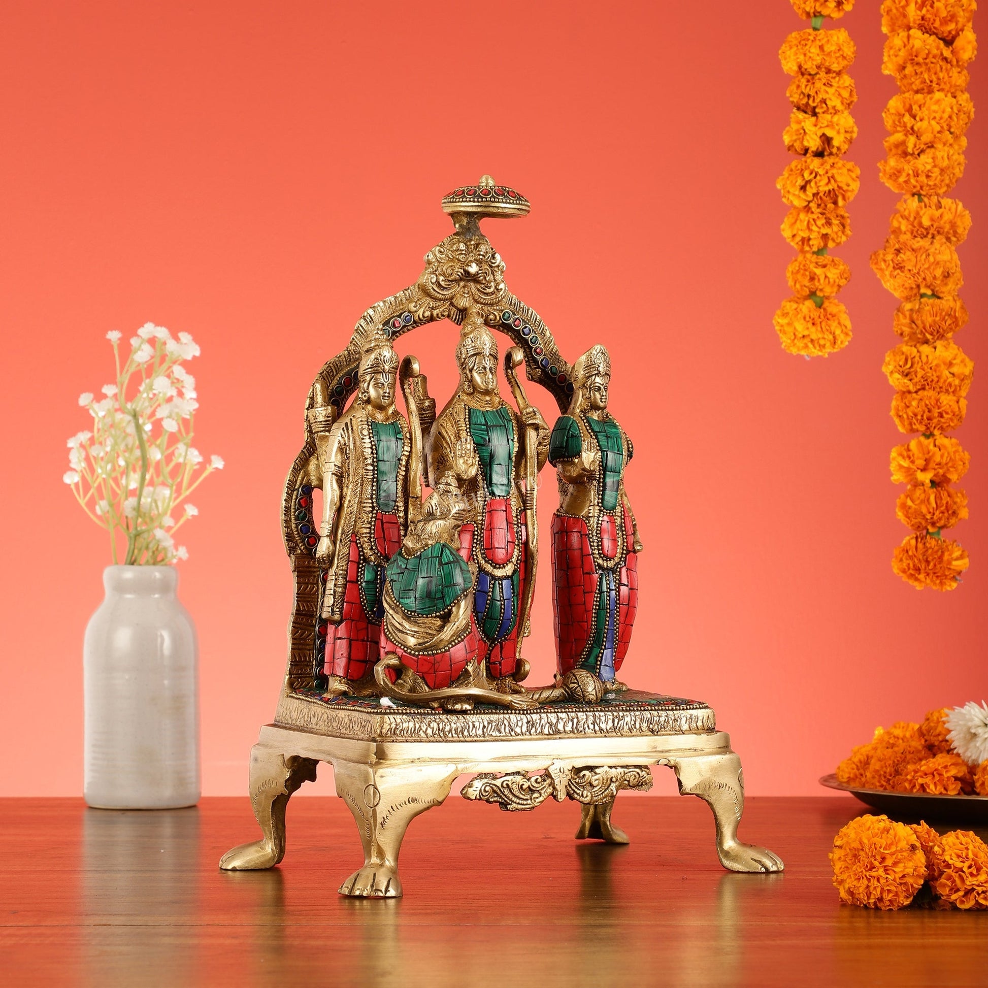 Divine Brass Ram Darbar with Natural Stone Dressing - 13.5 Inches