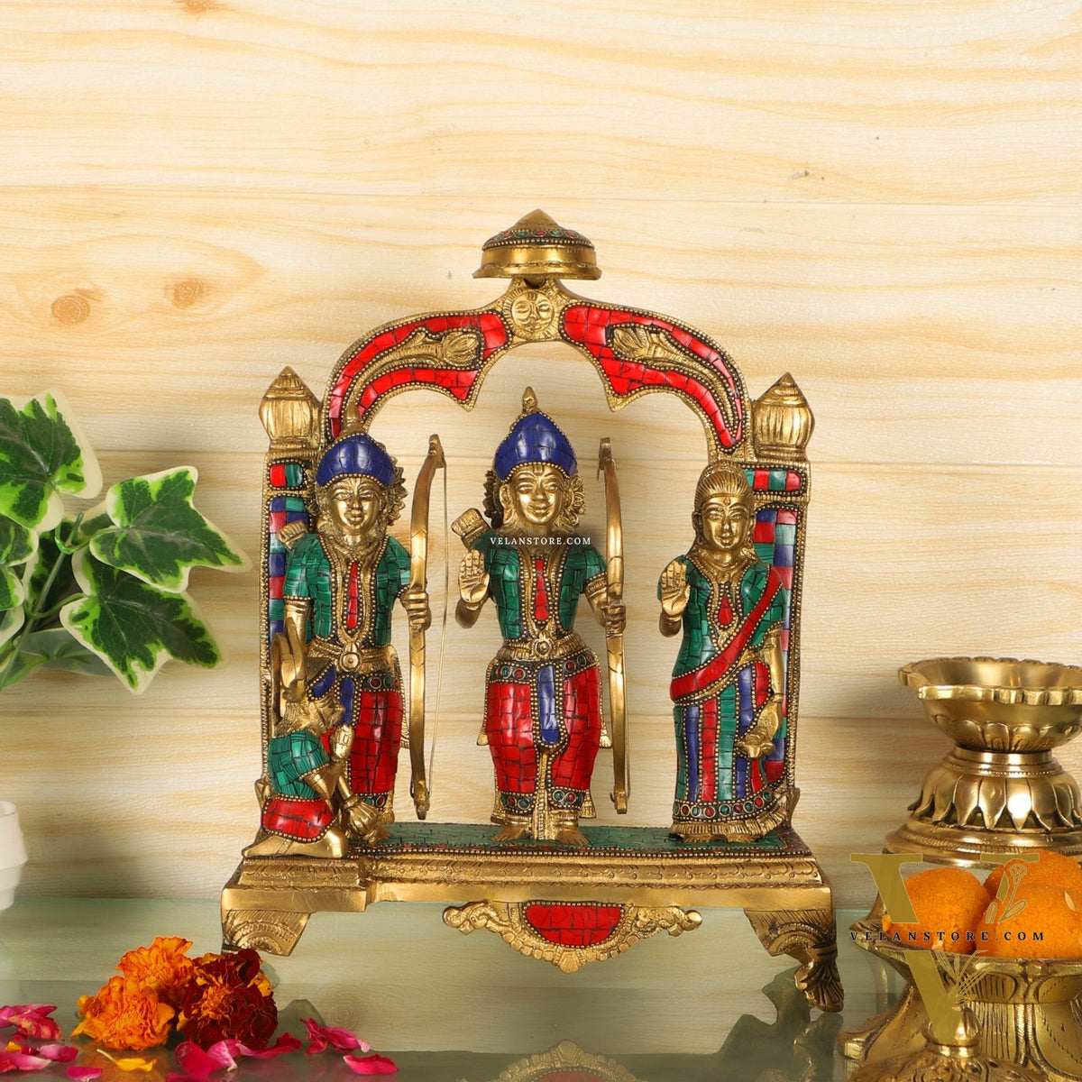 Divine Brass Ram Darbar with Natural Stonework - 13 Inches