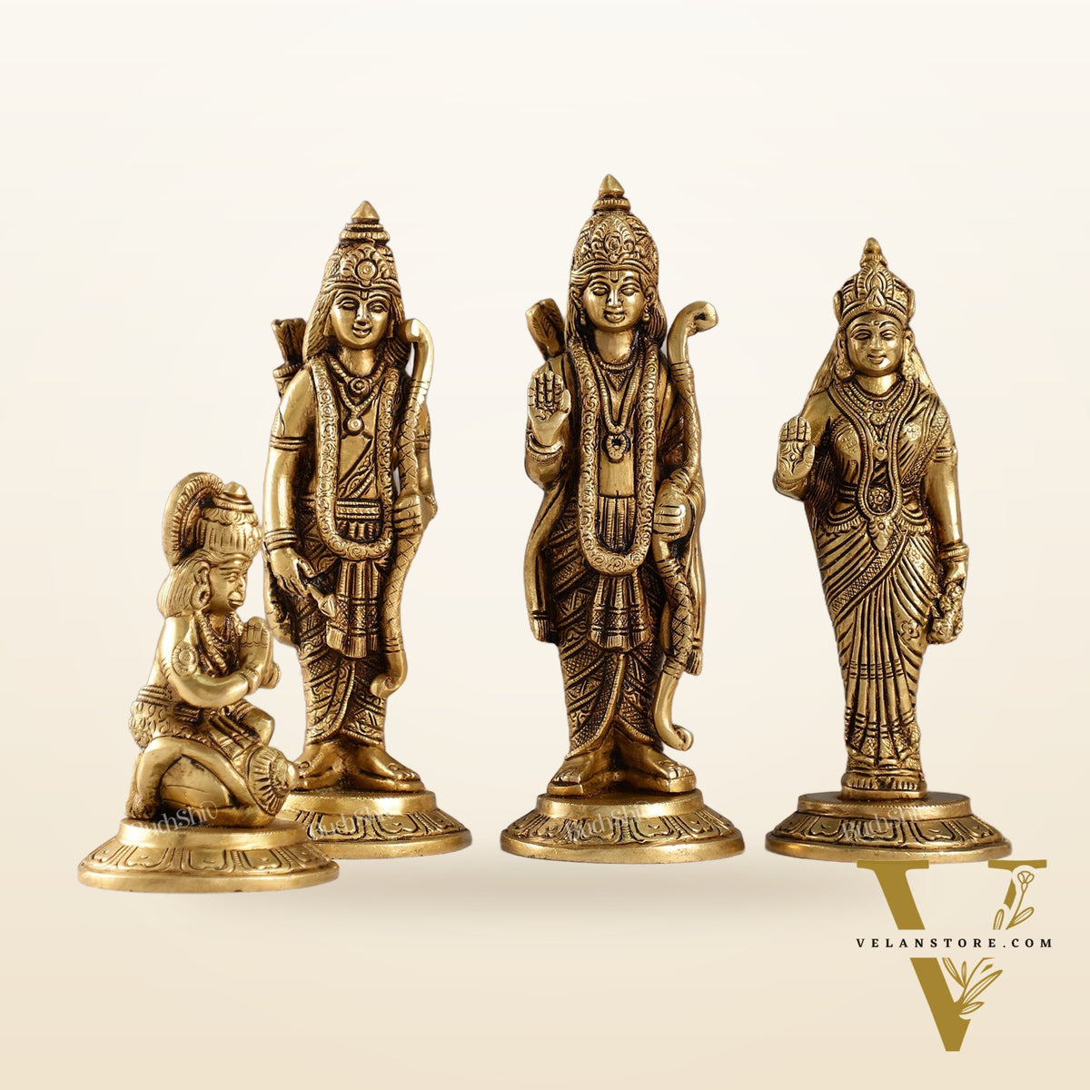 Divine Brass Ramdarbar Idols Set - Lord Ram, Sita, Lakshman, Hanuman 8"