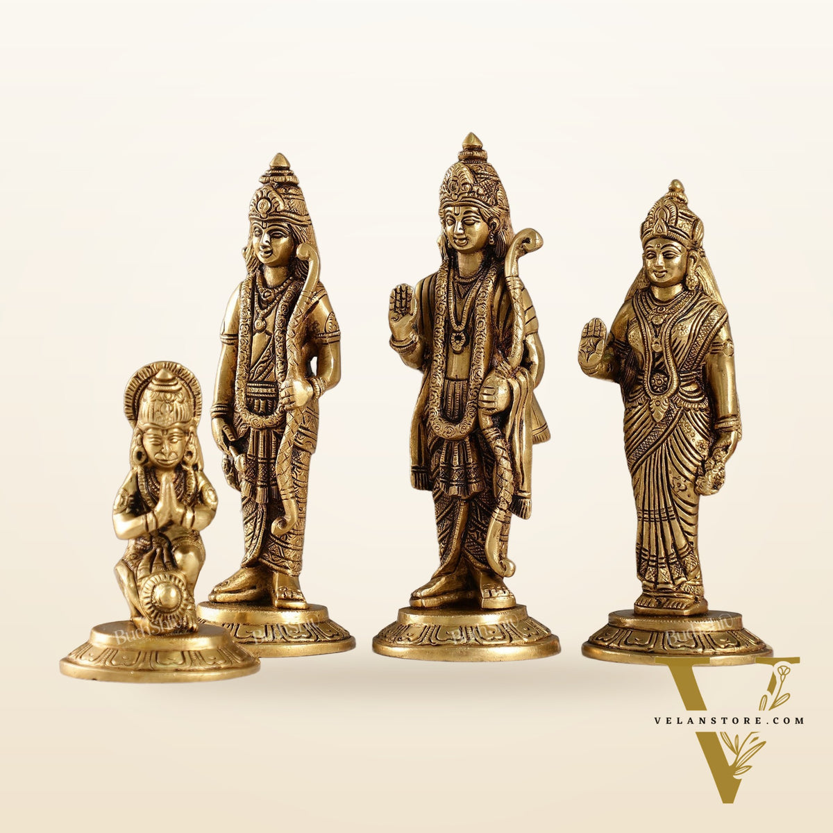 Divine Brass Ramdarbar Idols Set - Lord Ram, Sita, Lakshman, Hanuman 8"