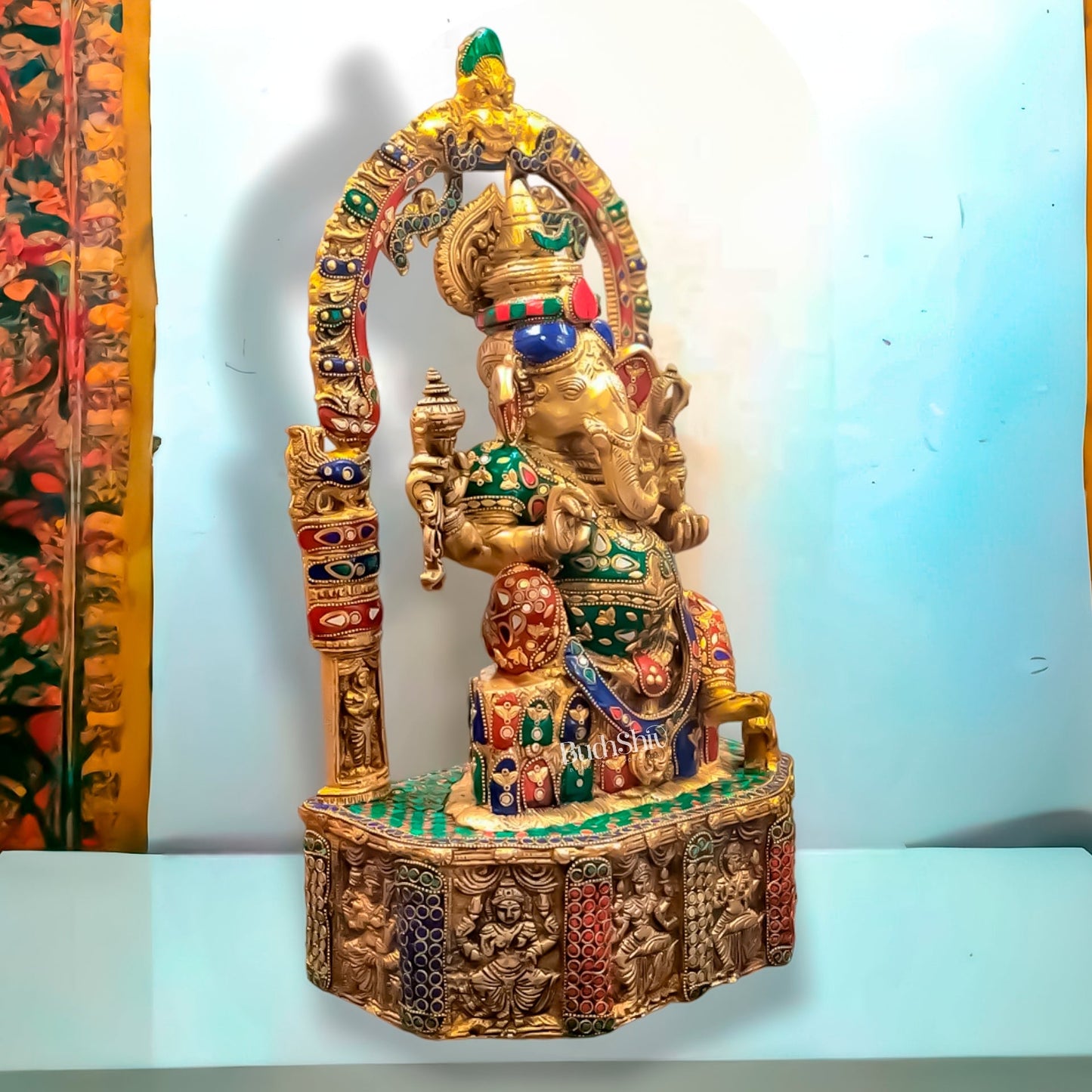 Divine Brilliance: Intricately Engraved Brass Ganesha Statue 20"