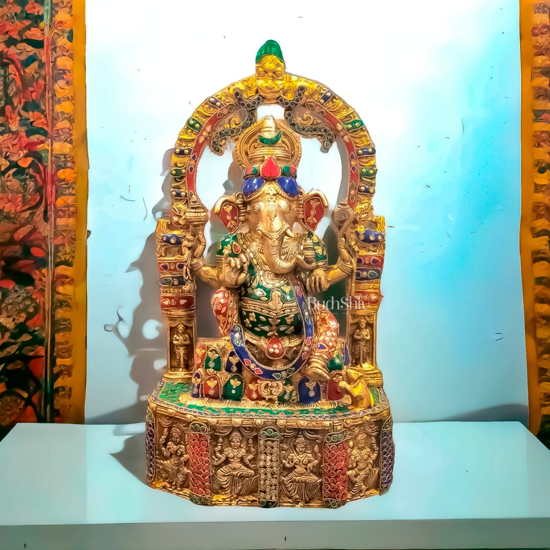 Divine Brilliance: Intricately Engraved Brass Ganesha Statue 20"