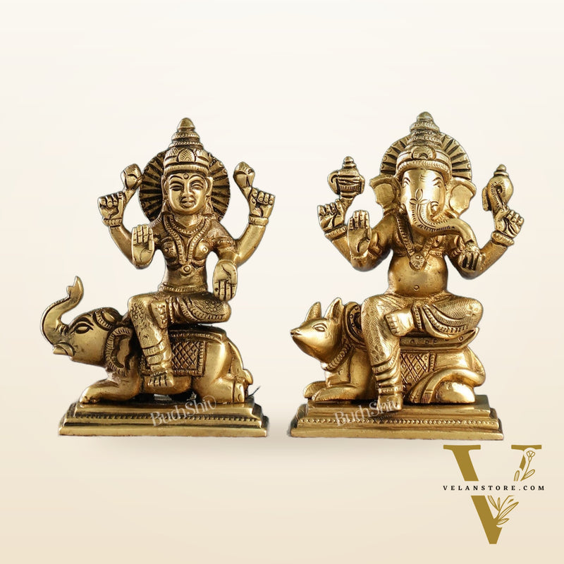 Divine Ganesha on Mouse and Lakshmi on Elephant Idols Pair | Height 5 inch