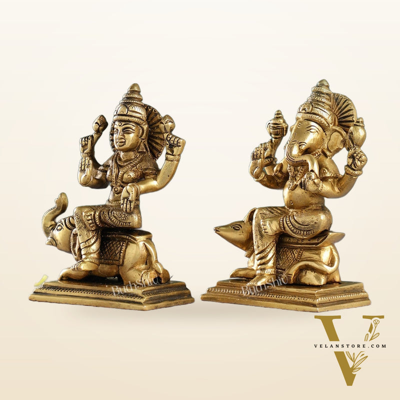 Divine Ganesha on Mouse and Lakshmi on Elephant Idols Pair | Height 5 inch