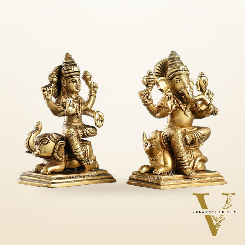 Divine Ganesha on Mouse and Lakshmi on Elephant Idols Pair | Height 5 inch