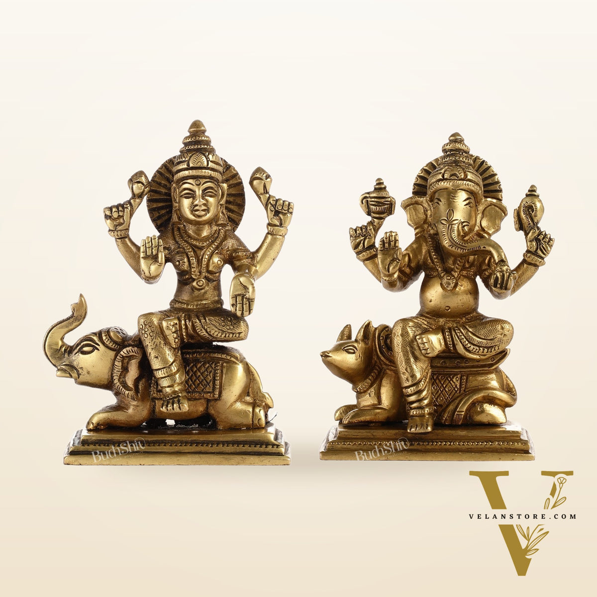Divine Ganesha on Mouse and Lakshmi on Elephant Idols Pair | Height 5 inch