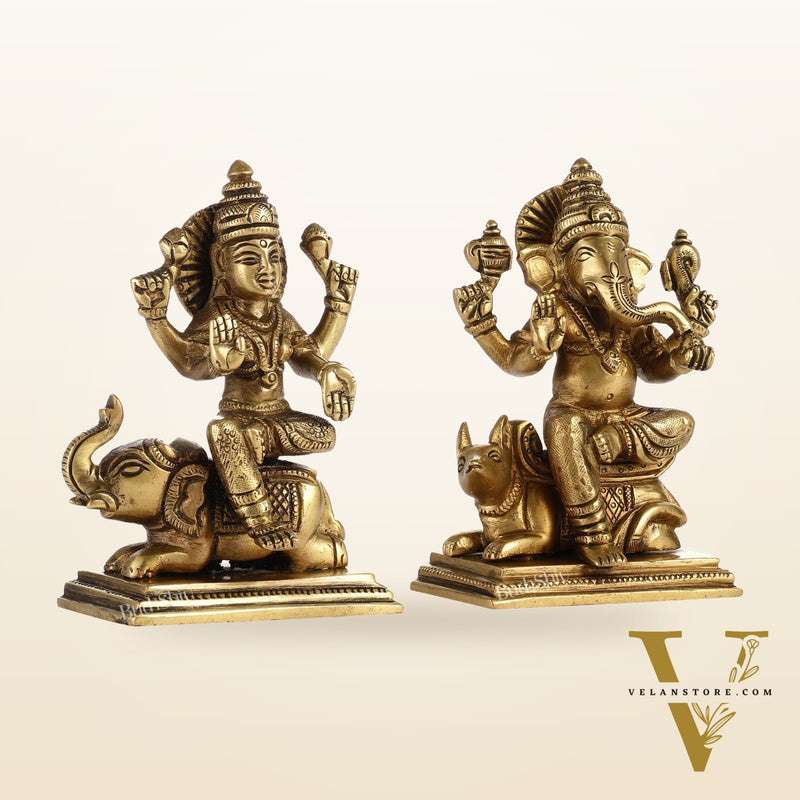 Divine Ganesha on Mouse and Lakshmi on Elephant Idols Pair | Height 5 inch