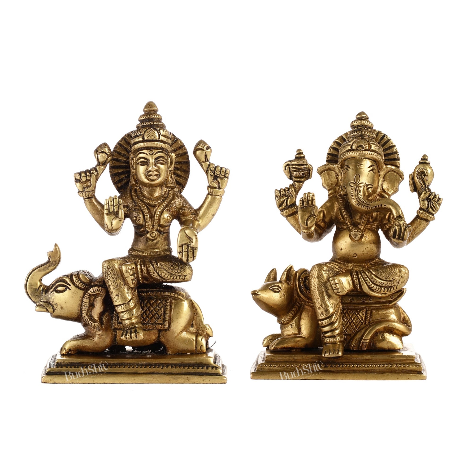 Divine Ganesha on Mouse and Lakshmi on Elephant Idols Pair | Height 5 inch