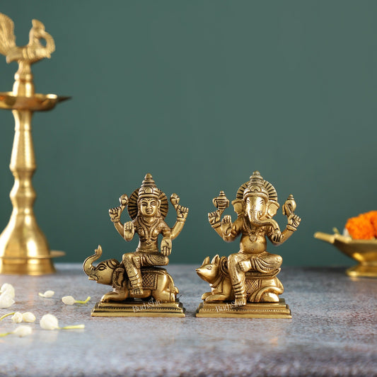 Divine Ganesha on Mouse and Lakshmi on Elephant Idols Pair | Height 5 inch