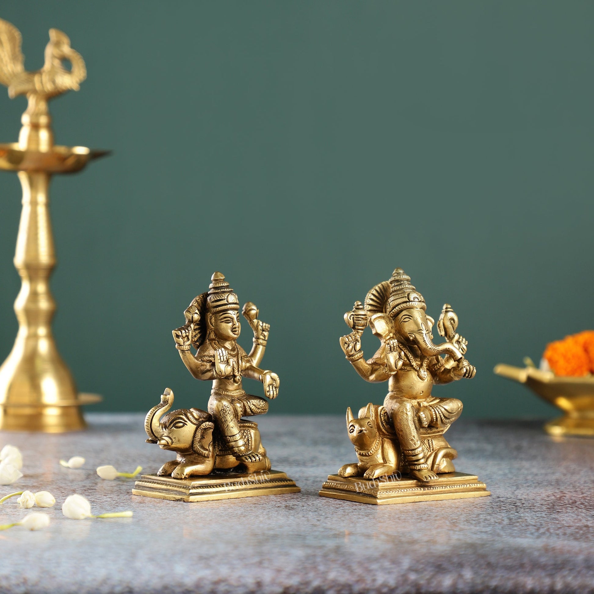 Divine Ganesha on Mouse and Lakshmi on Elephant Idols Pair | Height 5 inch