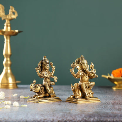 Divine Ganesha on Mouse and Lakshmi on Elephant Idols Pair | Height 5 inch