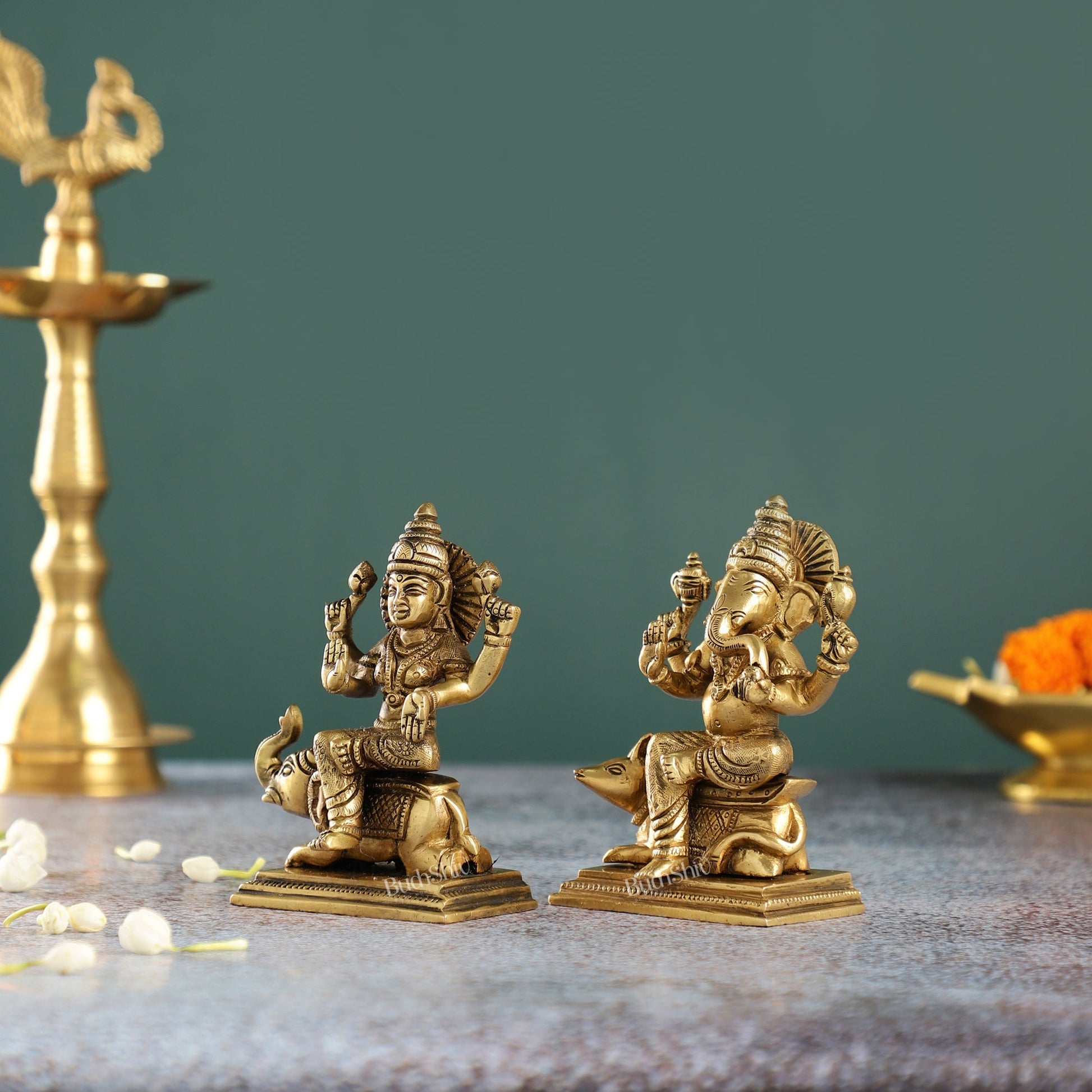 Divine Ganesha on Mouse and Lakshmi on Elephant Idols Pair | Height 5 inch