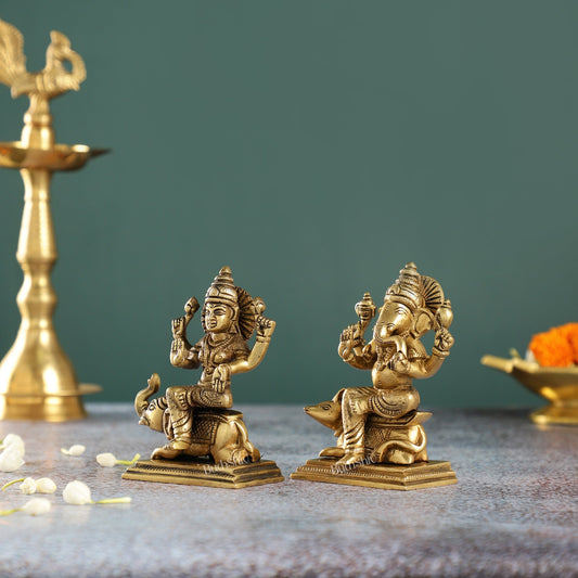 Divine Ganesha on Mouse and Lakshmi on Elephant Idols Pair | Height 5 inch